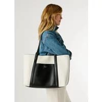 White and black women's tote bag by Pepe Jeans, featuring a central black panel and dual shoulder straps.