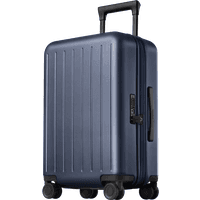 Blue Xiaomi expandable luggage, 20-inch, with vertical grooves, black handle, and four swivel wheels.