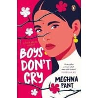 Book cover "Boys Don't Cry" by Meghna Pant, featuring a woman with earrings against a pink floral background.