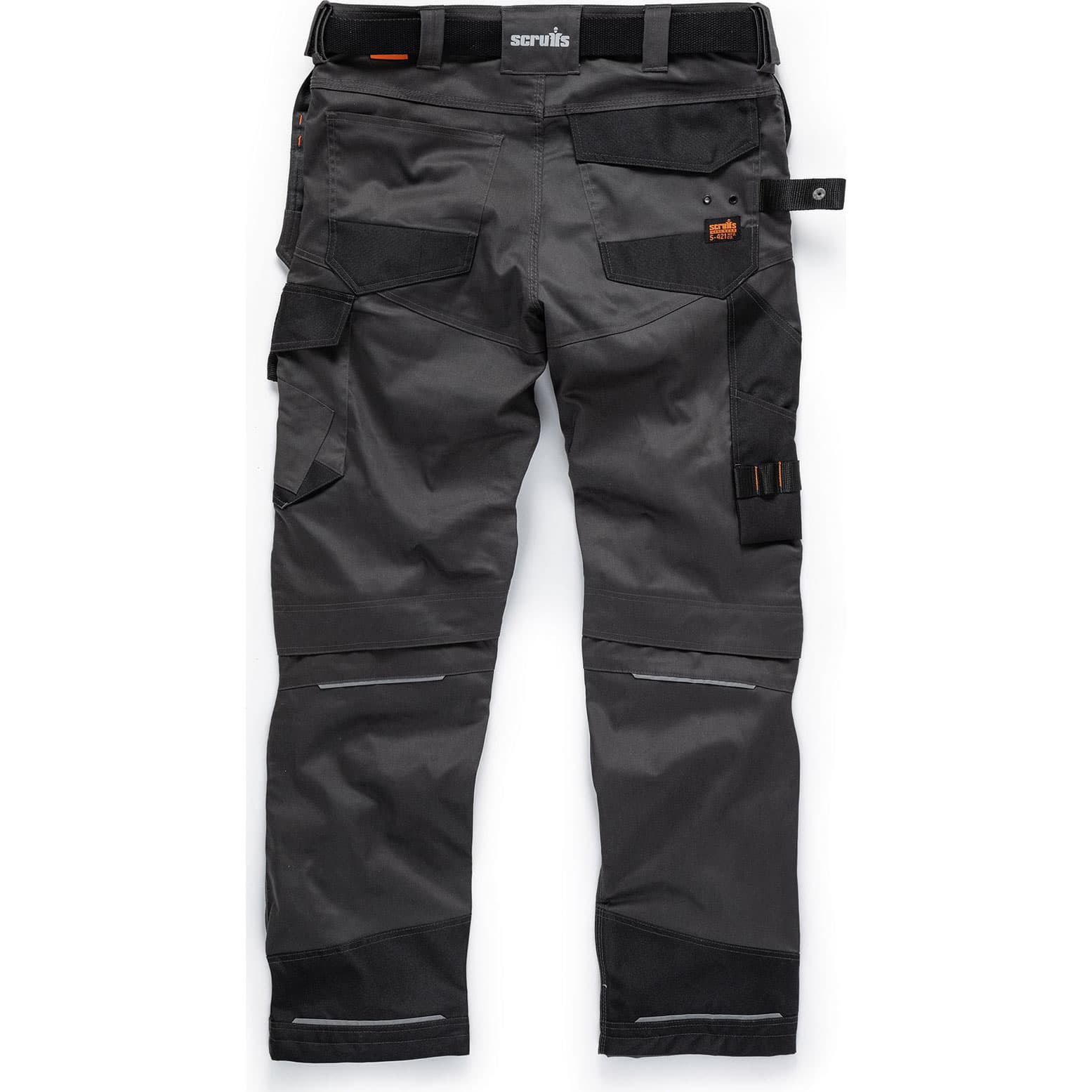 Graphite-colored Scruffs Pro Flex Holster Trousers featuring multiple pockets, reinforced knee areas, and adjustable waistband, designed for durability and flexibility.