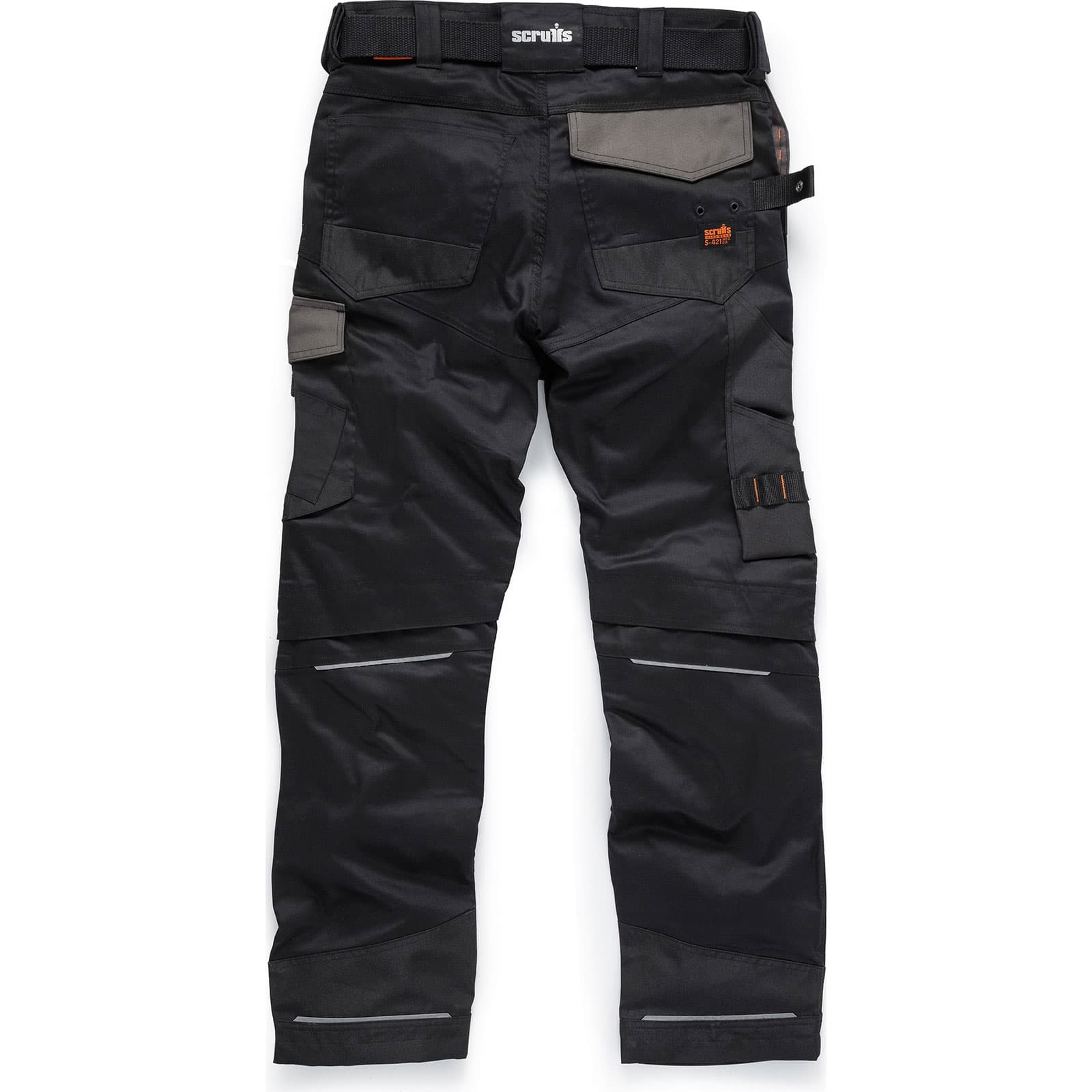 Black Scruffs Pro Flex Trousers in size 32S, featuring multiple pockets, reinforced knee areas, and reflective strips for visibility.