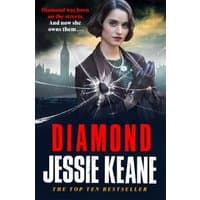 Book cover "Diamond" by Jessie Keane, featuring a woman in a cityscape with a cracked glass effect.