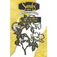 Black floral stencil with intricate rose and leaf design on a yellow and white background, labeled "Sandy Art."