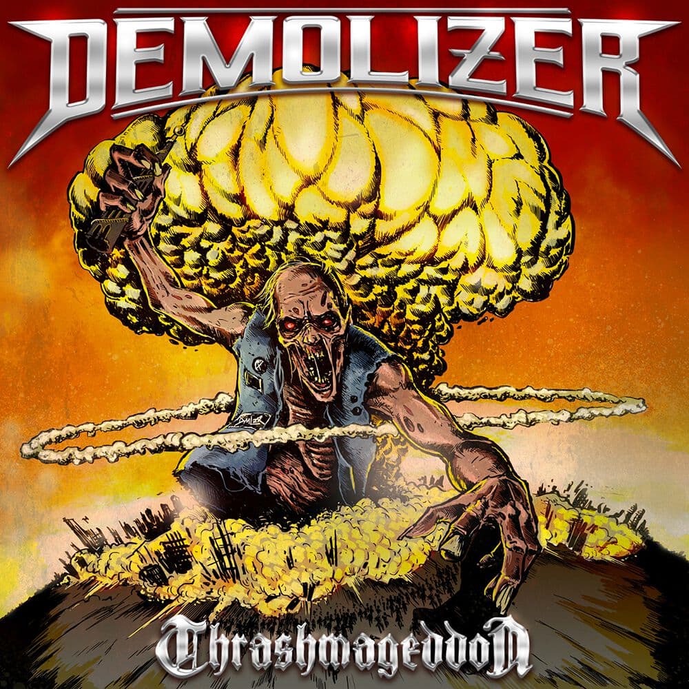 Colorful album cover featuring a zombie-like figure with a muscular build, holding a weapon and emerging from a nuclear explosion, with the title "Thrashmageddon" prominently displayed.