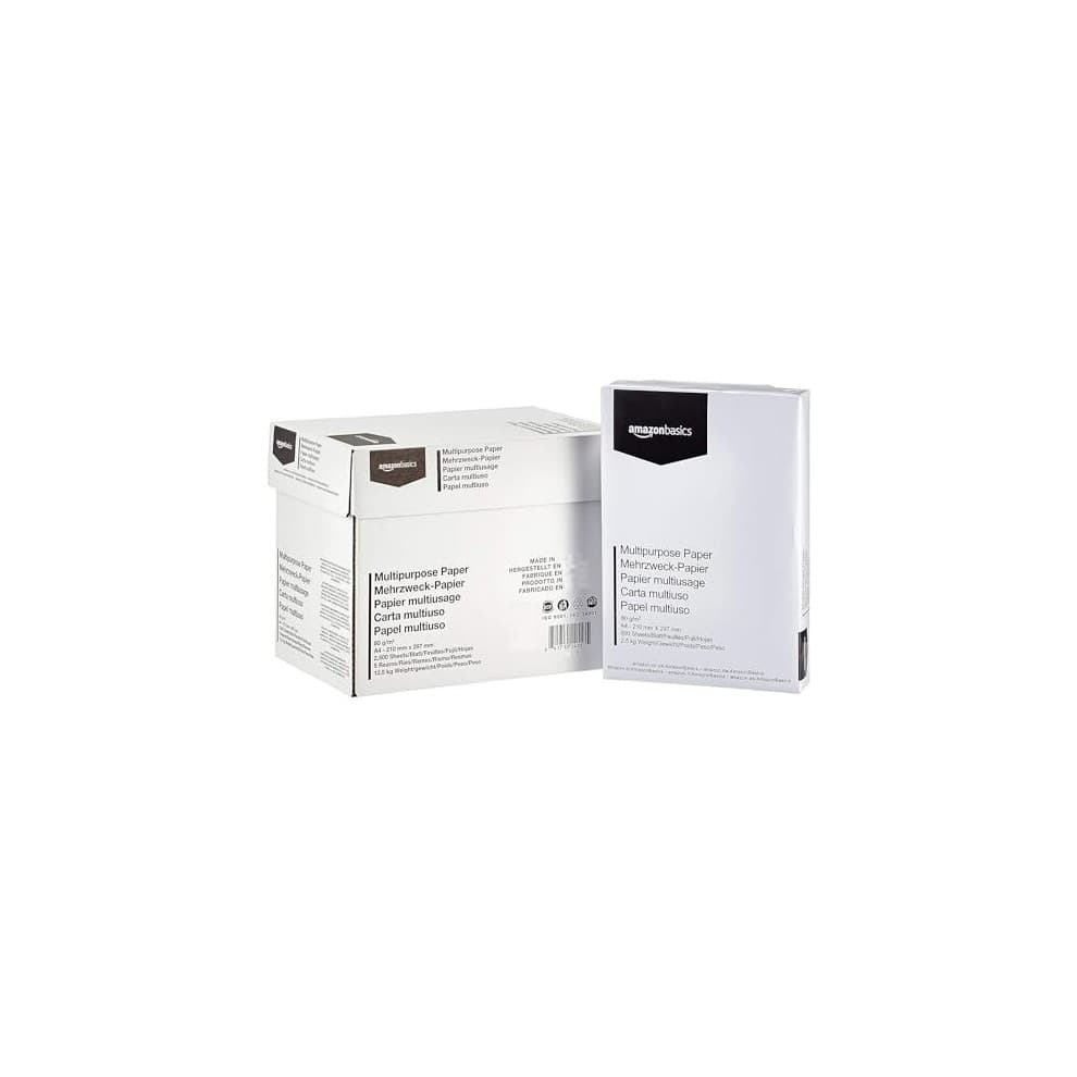 White packaging of Amazon Basics multi-purpose copy printer paper, A4 size, 80 GSM, containing 2500 sheets in a pack of 5, featuring clear labeling and a simple design.