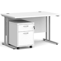 White rectangular office desk with metal legs, paired with a mobile drawer pedestal on wheels, featuring two drawers.