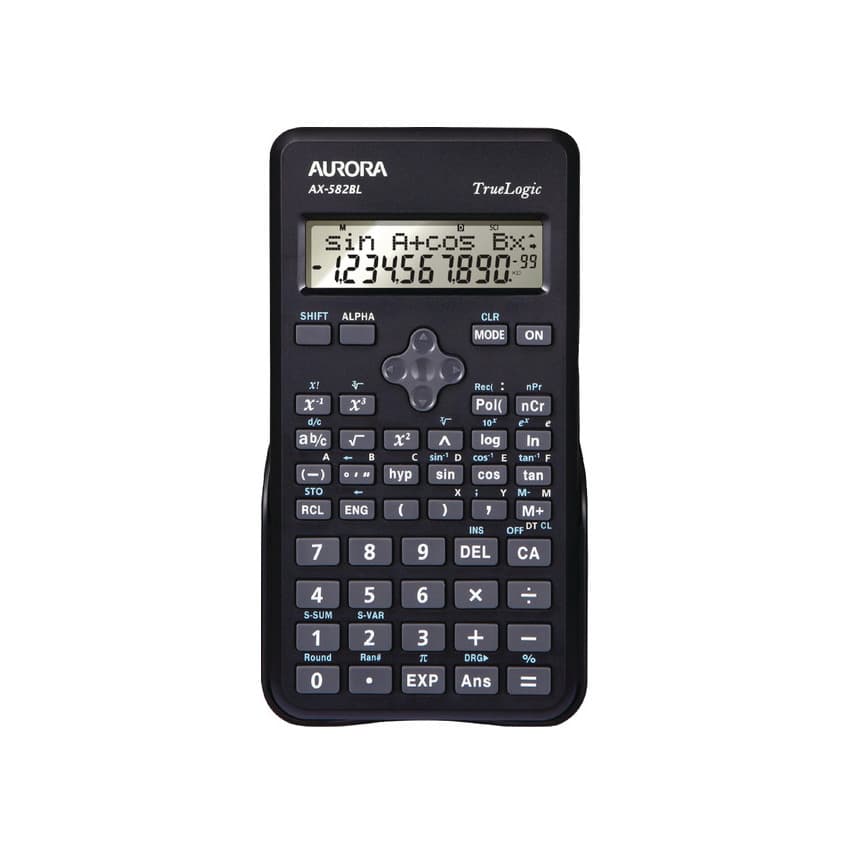 Black Aurora Scientific Calculator with a digital display, featuring numerous buttons for functions, including trigonometric and statistical calculations.