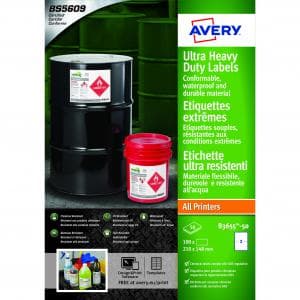 Avery B3655-50 Ultra Resistant Labels featuring 50 sheets with 2 durable, waterproof labels per sheet, suitable for all printers, designed for extreme conditions.
