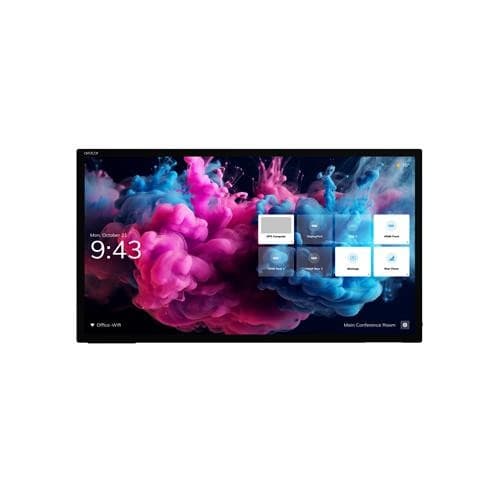 65-inch Avocor H20 4K interactive display featuring a vibrant, colorful abstract background, a sleek black frame, and a user interface with app icons and time display.