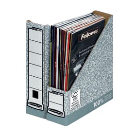 Grey magazine file made of sturdy board, featuring a slanted design for easy access, with a label area on the side for organization, packaged as a set of 10.