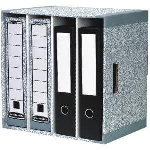 Grey file storage box set containing five boxes, featuring a textured finish, labeled sections, and a mix of grey and black binders for organized document storage.