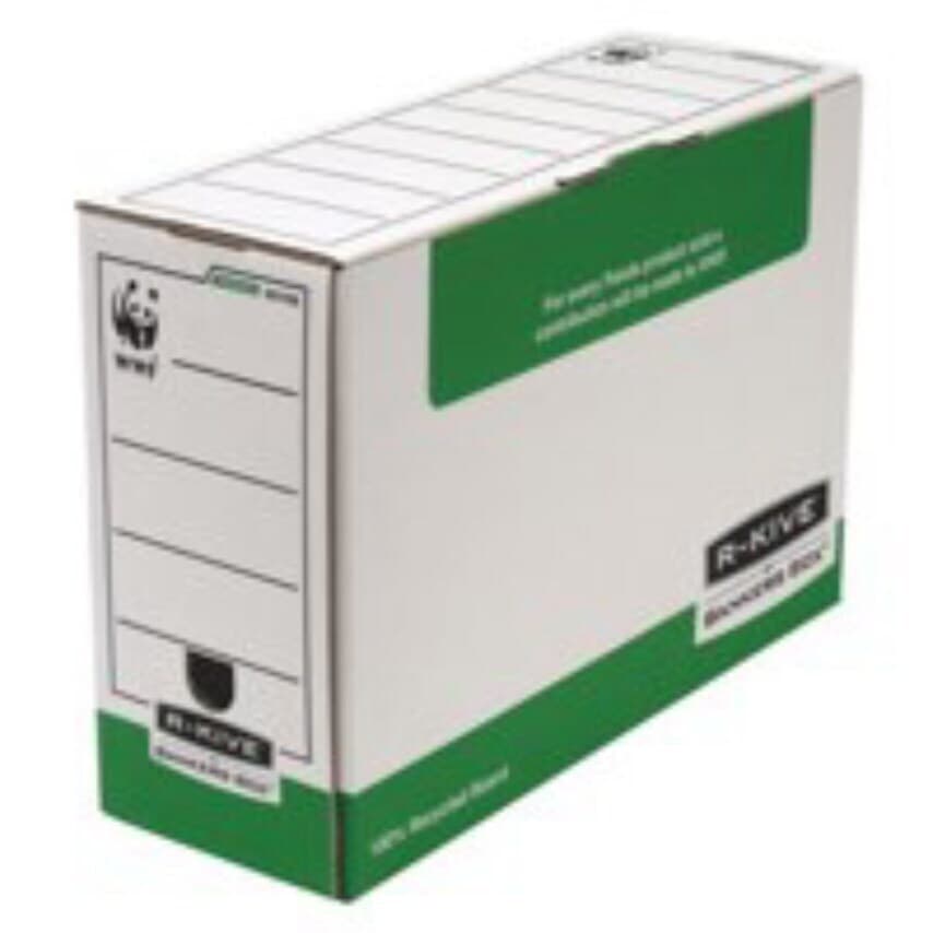 Green folio transfer file box with a 120 mm depth, featuring a white label area for easy identification, made from sturdy cardboard, sold in a pack of 10.