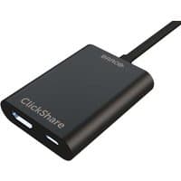 Black Barco ClickShare wireless presentation accessory with USB-C connector and sleek rectangular design