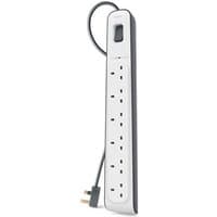 White Belkin surge protector with 6 AC outlets, 2-meter cord, and black power switch on top.