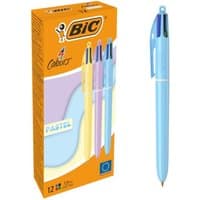 BIC 4 Colours pen set with pastel blue, pink, and yellow pens in orange packaging, medium point, 12 pieces.