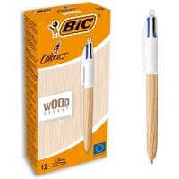 BIC multifunction pen with wood finish, white top, and black, blue, green, red ink options; box of 12 included.