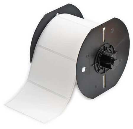 White label roll with 500 labels, mounted on a black plastic spool, featuring a smooth surface and a clean, blank design for customizable labeling.