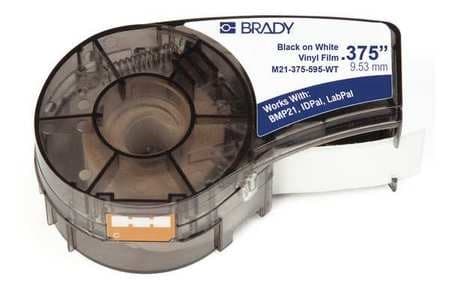 White all-weather vinyl label cartridge for Brady M210 and M211, featuring a transparent casing and labeled with product details, measuring 0.375 inches wide.