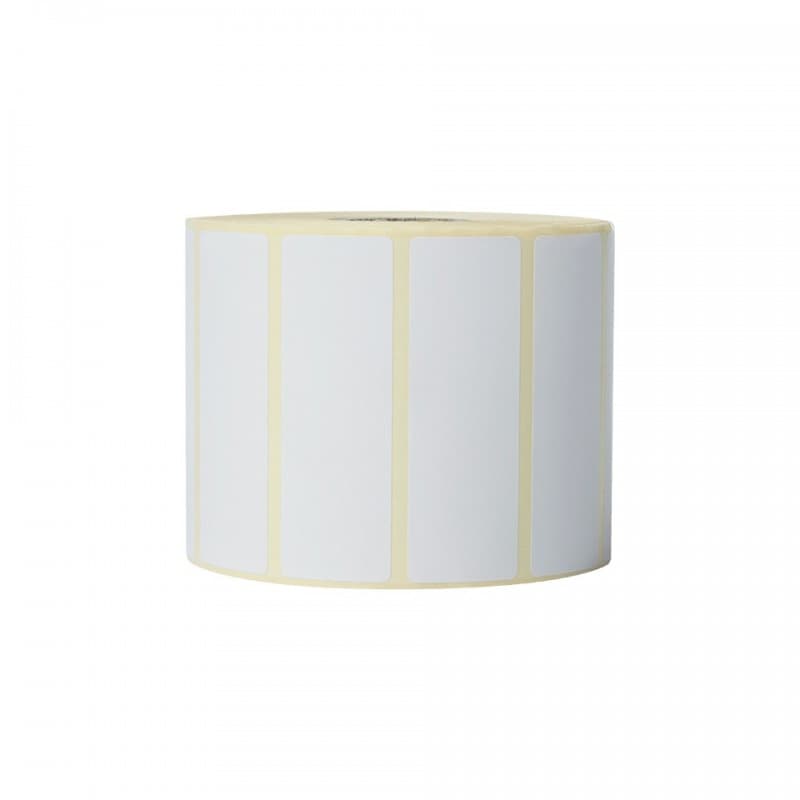 White adhesive labels on a roll, measuring 76mm x 26mm, with a total of 1900 pieces, featuring a smooth surface and a yellow backing.