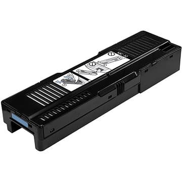 Black ink waste box with a rectangular shape, featuring ventilation slots and instructional graphics on top, designed for Canon IPF TC-20 printers.