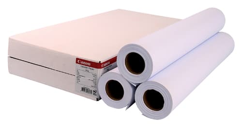 Three rolls of Canon 3x Standard paper, 80g/m², 610mm width, with a white finish, stacked beside a flat box featuring the Canon logo and product details.