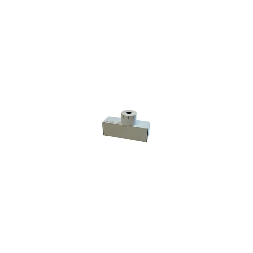 White printer label roll with a cylindrical core, featuring a smooth surface and a rectangular box shape, designed for use in label printing.