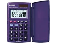 Purple Casio HS-8VER handheld calculator with a flip cover, featuring a large LCD display and a numeric keypad with function keys.