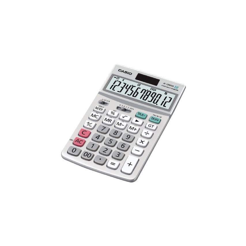 Casio JF-120ECO calculator in silver with a large display, featuring 12 digits, rubber keys, and pink function buttons for easy calculations.