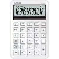 White Casio MS-200DQ desktop calculator with large LCD display, black solar panel, and 12-digit keypad.
