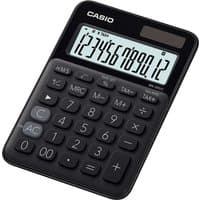 Black Casio MS-20UC-BK desktop calculator with large LCD display and solar panel, featuring basic function buttons.