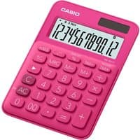 Red Casio MS-20UC-RD desktop calculator with large display, solar panel, and rounded buttons.
