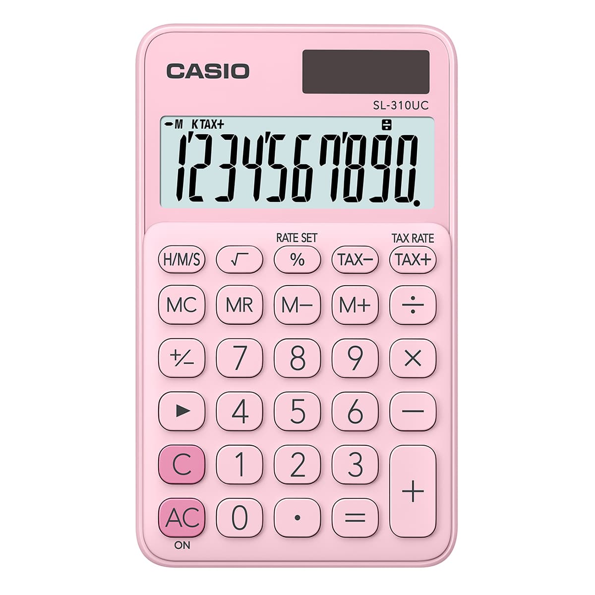 Casio SL-310UC pink desk calculator features a large display, white buttons, and a sleek design, ideal for basic calculations and tax functions.