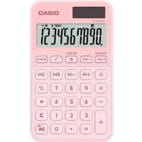 Light pink Casio SL-310YC pocket calculator with large display and white buttons, including tax and memory functions.