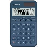 Casio SL-310YC navy pocket calculator with large LCD display and blue buttons, including tax and memory functions.