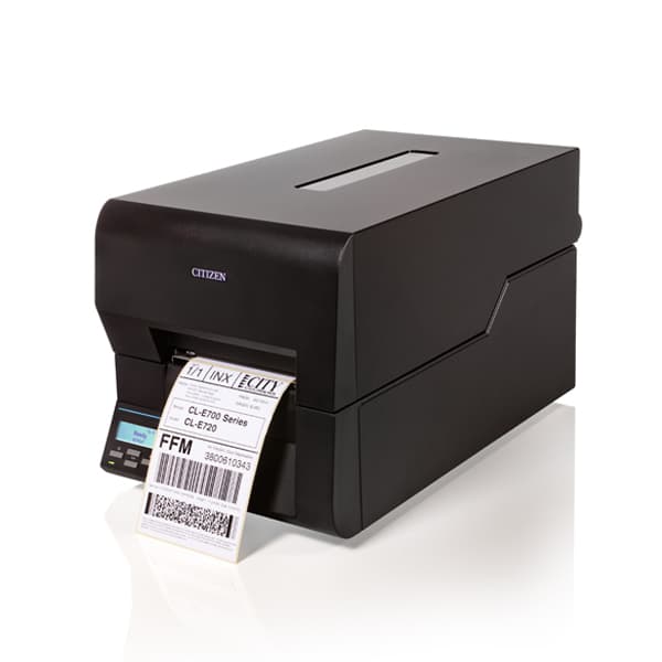 Black Citizen CL-E720 label printer with a sleek design, featuring a front-loading mechanism, LCD display, and a label emerging from the output slot.