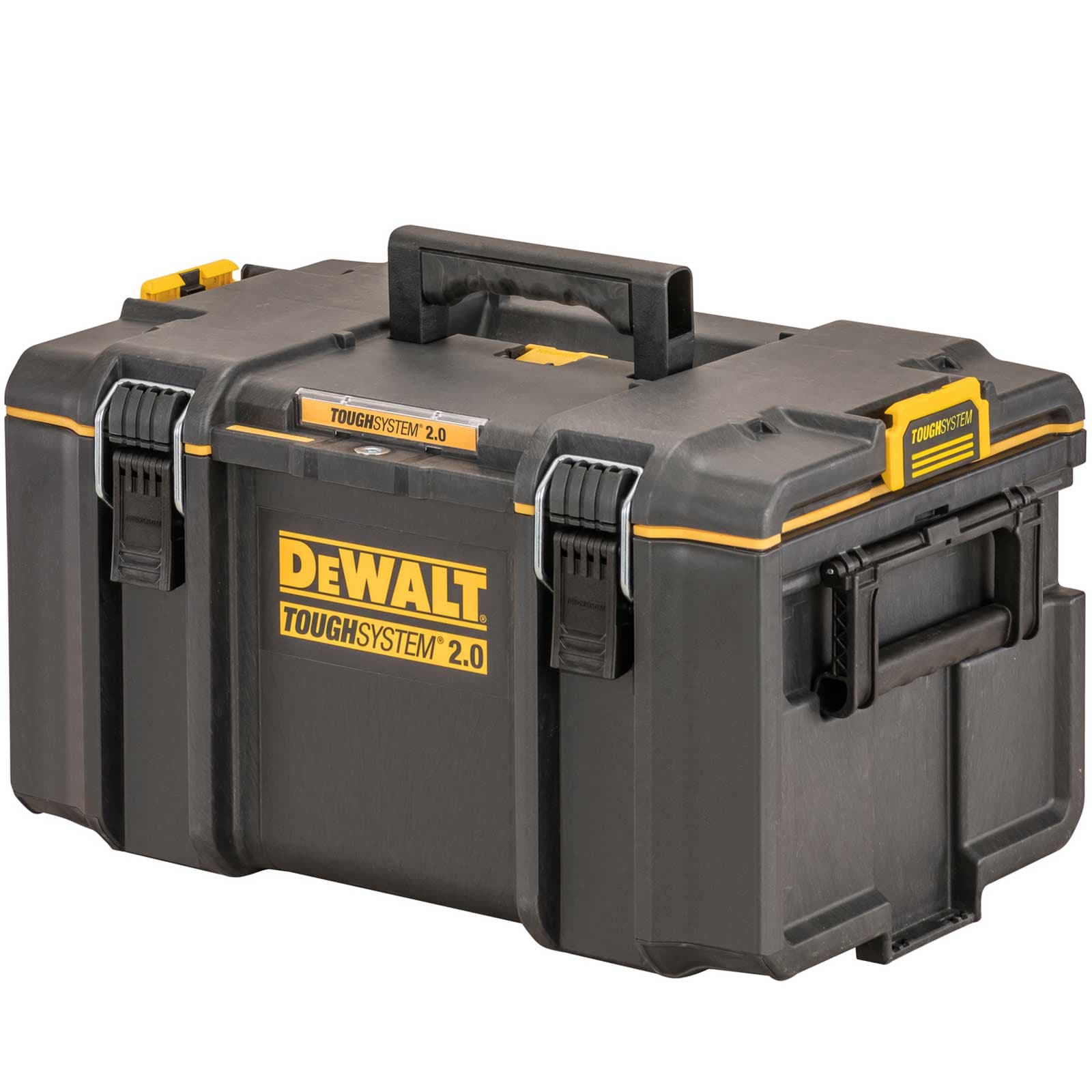 Black and yellow DEWALT TOUGHSYSTEM™ 2.0 toolbox featuring sturdy latches, a comfortable handle, and a durable design for heavy-duty storage and transport.