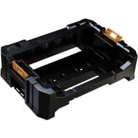 Black DeWalt TSTAK Caddy with sturdy plastic frame, yellow latches, and slots for connectable cases.