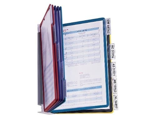 Durable Assorted 10" folder features multiple colored plastic pockets, clear front cover, and labeled tabs for easy organization of documents.