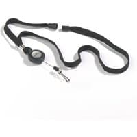 Black textile necklace with retractable badge reel and metal clip, set of 10 pieces.