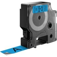 Black plastic DYMO D1 label cassette with blue label tape, black text, and visible spool mechanism.