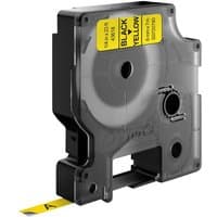 Black Dymo D1 label cassette with yellow label strip, 6mm width, black text on yellow background.