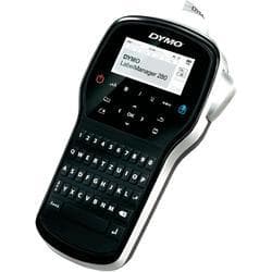 Dymo handheld label printer in black and silver, featuring a QWERTY keyboard, LCD screen, and a maximum label width of 12 mm, designed for easy labeling.