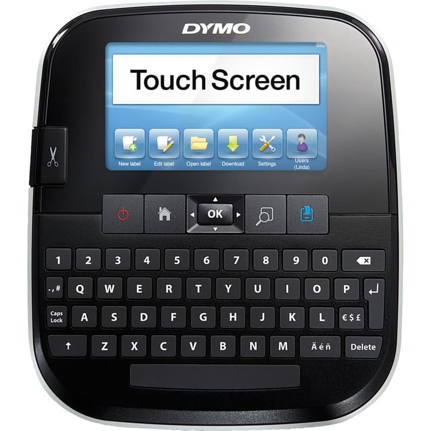 Dymo Labelmanager 500TS features a sleek black design with a large touch screen, a full QWERTY keyboard, and shortcut buttons for easy label creation.