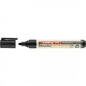 Black Edding 28 Ecoline whiteboard marker with a round tip, 1.5-3 mm nib, featuring a recyclable design, shown with the cap removed, part of a box of 10 pens.