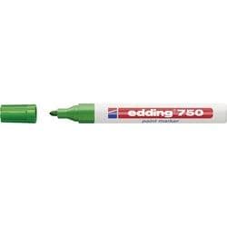 Green Edding 750 paint marker with a fine tip, featuring a white barrel and red branding, displayed alongside a box containing ten markers.