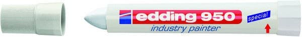 White Edding 950 paint marker pen with a round tip, featuring a white barrel and red and blue branding, designed for industrial use.