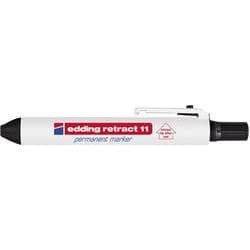 Retractable black marker pen with a white barrel, featuring a clip and the Edding logo, designed for permanent marking.