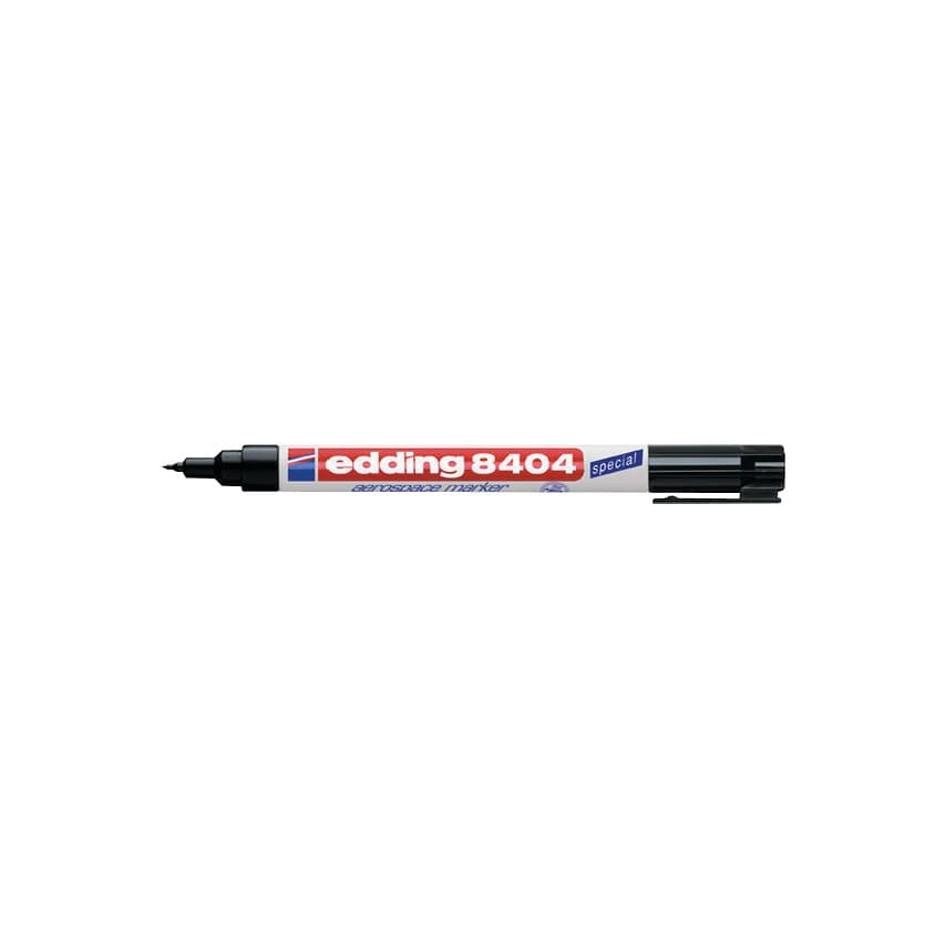 Black marker pen with an extra fine tip, featuring a white and red barrel with the "edding 8404" label and a black cap, designed for precise writing and drawing.