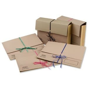 Buff manilla legal wallets with security ribbons in various colors, made from 360gsm paper, featuring a 100mm depth, packaged in a set of 25.