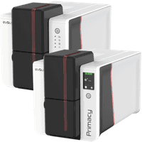 White and black Evolis Primacy 2 GO Pack Simplex card printer with red accents and control panel.